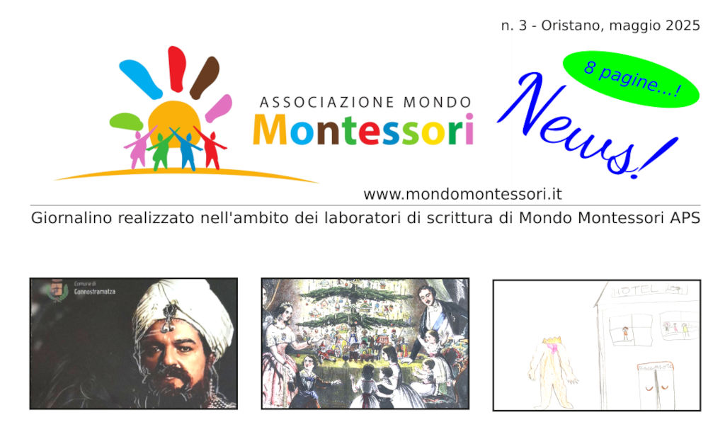 Testata del terzo numero di maggio 2025 del giornalino di Mondo Montessori APS di Oristano